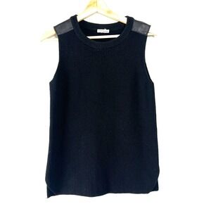 Club Monaco Black Ribbed Knit Sweater Vest Leather Shoulder Patches Silk Blend S
